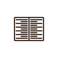 line art of an open book. It shows two pages, each filled with horizontal lines representing text, against a light cream background