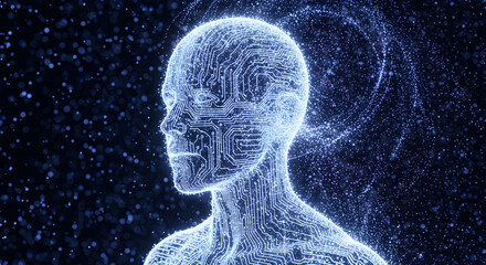 Digital Consciousness: AI Humanoid with Glowing Neural Circuits and Energetic Particles