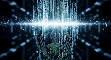 Artificial Intelligence Brain with Digital Data Flow. AI Head with Circuitry, Information Processing, and Futuristic Technology Concept.