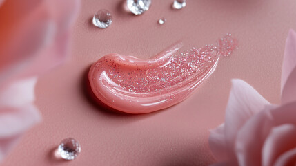 Close-up of glossy pink lip gloss with shimmer, paired with a lipstick on a pastel background. Beauty and cosmetic concept highlighting color, texture, and shine for makeup and skincare advertising.