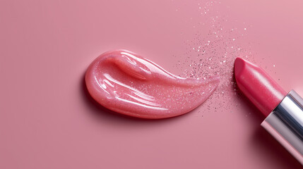 Close-up of glossy pink lip gloss with shimmer, paired with a lipstick on a pastel background. Beauty and cosmetic concept highlighting color, texture, and shine for makeup and skincare advertising.