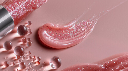 Close-up of glossy pink lip gloss with shimmer, paired with a lipstick on a pastel background. Beauty and cosmetic concept highlighting color, texture, and shine for makeup and skincare advertising.