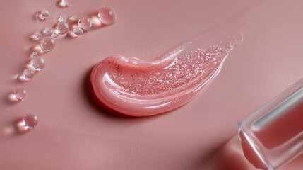 Close-up of glossy pink lip gloss with shimmer, paired with a lipstick on a pastel background. Beauty and cosmetic concept highlighting color, texture, and shine for makeup and skincare advertising.
