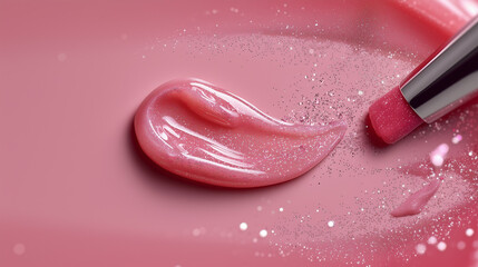 Close-up of glossy pink lip gloss with shimmer, paired with a lipstick on a pastel background. Beauty and cosmetic concept highlighting color, texture, and shine for makeup and skincare advertising.