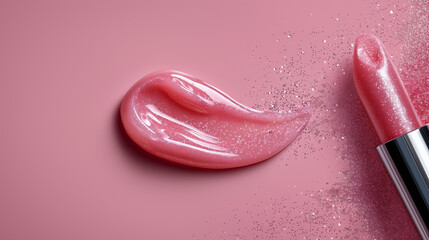 Close-up of glossy pink lip gloss with shimmer, paired with a lipstick on a pastel background. Beauty and cosmetic concept highlighting color, texture, and shine for makeup and skincare advertising.