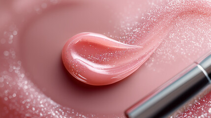Close-up of glossy pink lip gloss with shimmer, paired with a lipstick on a pastel background. Beauty and cosmetic concept highlighting color, texture, and shine for makeup and skincare advertising.