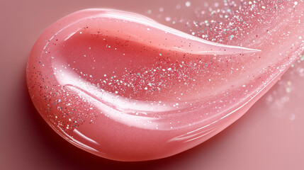 Close-up of glossy pink lip gloss with shimmer, paired with a lipstick on a pastel background. Beauty and cosmetic concept highlighting color, texture, and shine for makeup and skincare advertising.