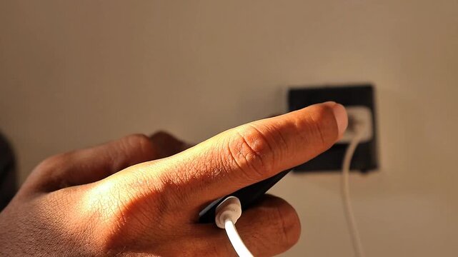 Close up of a man's hand playing a mobile game while charging his cell phone