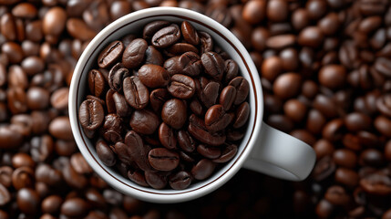 Fototapeta premium Close-up of a white cup filled with roasted coffee beans surrounded by more beans. Warm lighting highlights the texture and aroma of freshly roasted coffee, symbolizing energy and morning freshness.