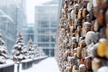 Snow falls on a textured log wall beside frosted trees and modern buildings.