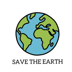A logo about a spherical planet Earth with the words Save The Earth on white background. This logo is about the environment and is suitable for a variety of commercial uses.
