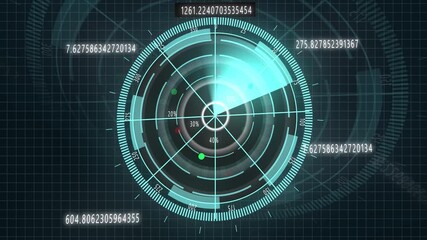 Cyan Futuristic Radar Screen with Grid Overlay, Numerical Data, and Target Markers. Animated cyan radar interface showing grid, live data, and target markers on digital screen. - Powered by Adobe
