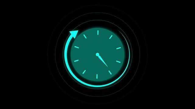 Teal Glowing Clock Icon with Circular Arrow on Black Background Representing Time or Technology. Time and technology concept teal glowing clock icon with circular arrow on a minimal black background. - Powered by Adobe