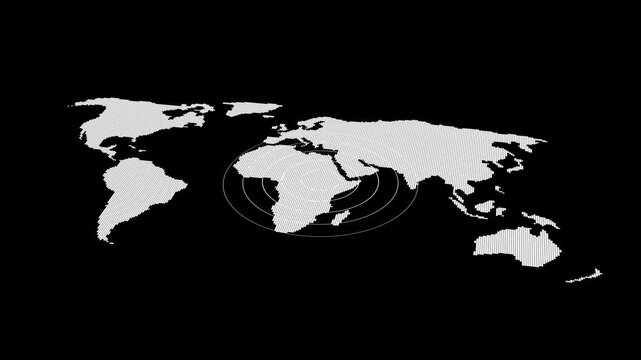 Dotted World Map with Concentric Circles Over Africa on Black Background earth globe. Abstract white dotted world map on black background, focusing on africa.