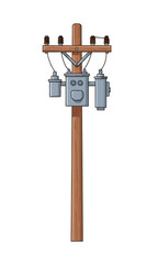 Smiling cartoon utility pole with electrical transformer and wires, vector illustration