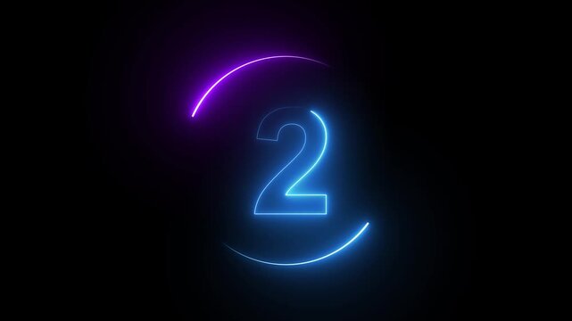 Neon Number 2 in Blue and Purple Glow on Black Background digit numeral. Glowing neon number 2 with blue and purple light shining brightly on a black background.