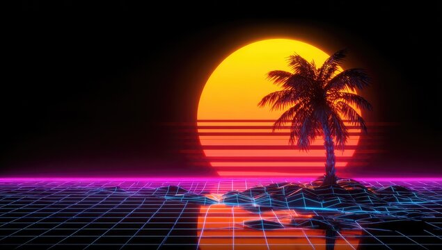 A solitary palm tree stands on a digital island at sunset.