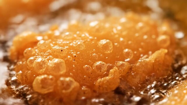 Macro photograph of a golden brown piece of battered food sizzling and cooking in a deep fryer with hot, bubbling oil