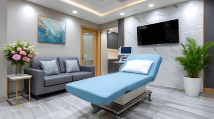 Modern medical examination room interior with hospital bed