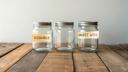 Empty glass jars with labels demonstrating resource management and wise investment strategies on rustic wooden table