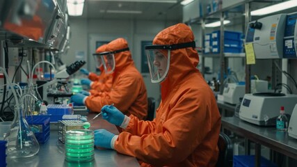 Researchers Dressed in Protective Gear Conducting Experiments in a Laboratory, Focused on Detailed Analysis and Observations in a Controlled Environment - Powered by Adobe