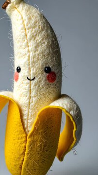 Adorable Plush Banana Toy with Cute Facial Features and Semi-Peeled Yellow Skin Captured in a Charming Photographic Series