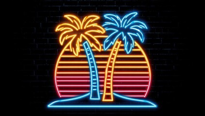 Neon palm trees and sunset glow on a dark brick wall.