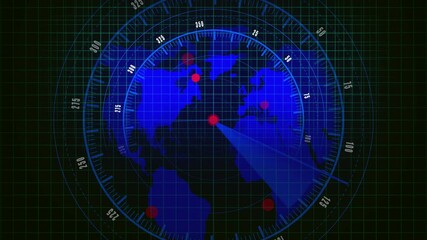 Global Radar Display with Pixelated Continents and Red Target Markers screen technology. Animated radar interface featuring pixel-style world map with red target indicators for digital tech. - Powered by Adobe