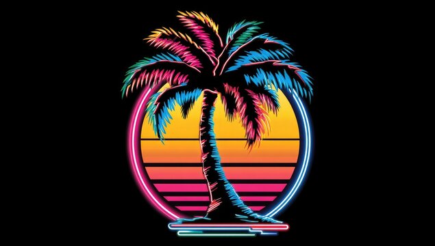 Vibrant neon palm tree silhouette against a retro sunset background.