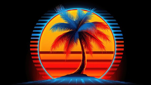 Retro sunset with palm tree over a neon grid.