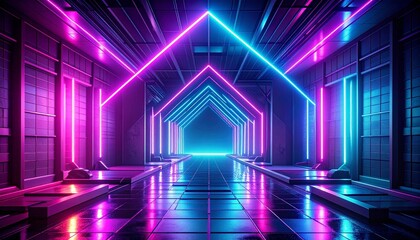 Abstract futuristic sci-fi corridor with glowing purple and blue neon lights creating a dimensional tunnel effect