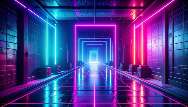 A vibrant futuristic corridor with glowing pink and blue neon light archways creating a surreal tunnel effect with reflections on a glossy grid floor