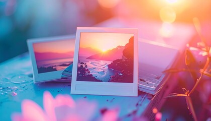 Dreamy collection of instant photographs showing a coastal sunset, representing cherished travel memories and nostalgia