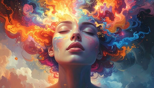 A woman's face with her eyes closed, her head exploding with vibrant, colorful cosmic energy and swirling clouds.