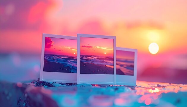 Three polaroid photos capture a vibrant sunset over the ocean, with colorful sky reflections.