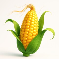 Golden corn cob with green husk leaves against a bright white background