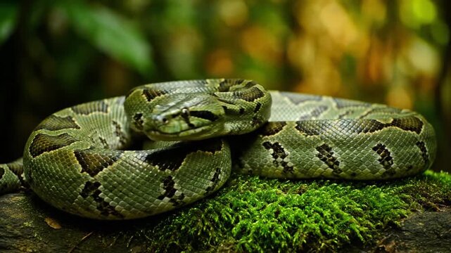 Green Tree Python Coiled on Mossy Branch with Soft Bokeh Background in Lush Jungle Foliage a Close Up Macro View of Reptilian Scales, Ideal for Wildlife Education Video Content