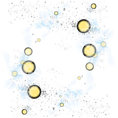 An abstract illustration of golden oil droplets and particles swirling on a white background.