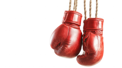 Pair of vintage red boxing gloves hanging against a dark on transparent background