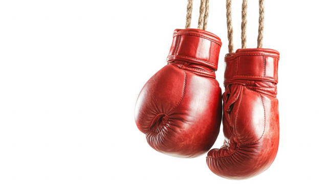 Pair of vintage red boxing gloves hanging against a dark on transparent background