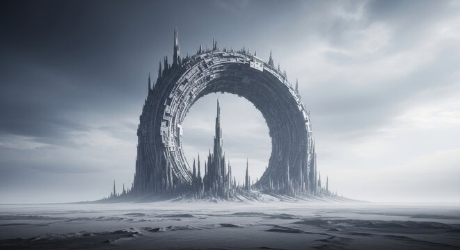 Abstract futuristic mega-structure in desolate landscape architecture concept massive ring shaped building construction on barren alien world