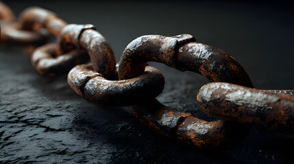 Broken iron chain links on a dark surface, symbolizing liberation and breaking free from constraints.