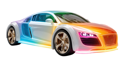 Rainbow Ride: A sleek, modern sports car, bathed in a vibrant spectrum of colors, embodying the future of automotive design and technological innovation.