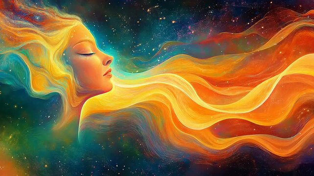 Ethereal Woman with Flowing Hair in Cosmic Colors