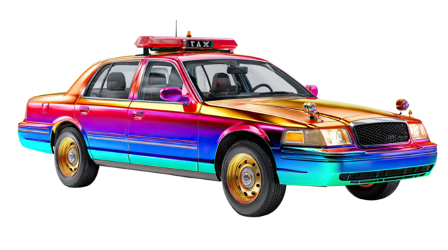 Rainbow Taxi: A vibrantly colored taxi stands out with its striking rainbow finish, showcasing a unique blend of hues on its exterior, signaling a departure from the ordinary transport