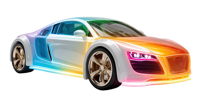 Rainbow Ride: A sleek, modern sports car, bathed in a vibrant spectrum of colors, embodying the future of automotive design and technological innovation.