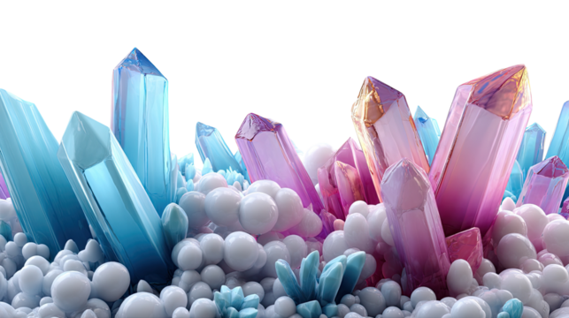 Crystals Composition: A vibrant display of gemstone crystals rises, revealing stunning shapes, colors and formations.
