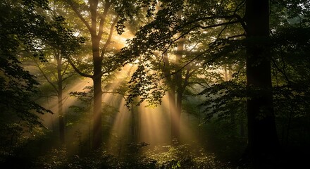 Obraz premium Sunlight streaming through a misty forest creating beautiful light rays.