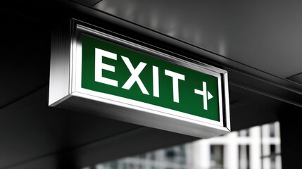 Green Exit Sign with Arrow in Modern Urban Setting for Safety