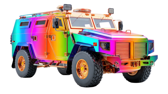 Rainbow Armored Vehicle: A vibrantly colored armored vehicle, showcasing a spectrum of hues, stands as a symbol of strength and resilience.